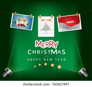 Merry Christmas and Happy New Year festival concept. Christmas postcard hanging with a rope on a green color background and text decoration. Vector illustration design. EPS10