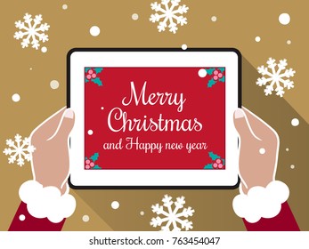 Merry Christmas and Happy new year concept with Santa Claus hand holding tablet and snowflakes background. Vector design