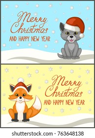 Merry Christmas and happy new year. A set of greeting cards, posters. Cute cub wolf and Fox in a red Santa Claus hat. The cartoon style. Vector illustration.