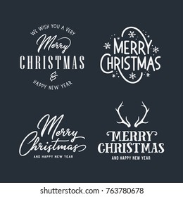 Merry Christmas and Happy New Year typography set. Holiday related lettering templates for greeting cards, overlays, decoration. Vector vintage illustration.