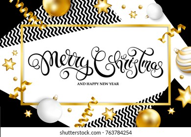 Merry Christmas and Happy New Year  banner with christmas balls and serpentine.  Handwriting lettering. Vector illustration.