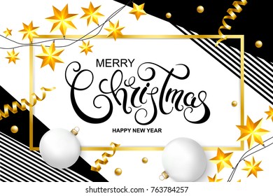 Merry Christmas and Happy New Year  banner with christmas balls, serpentine and garland.  Handwriting lettering. Vector illustration.