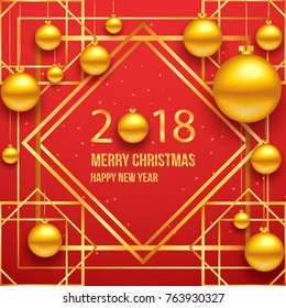 Merry Christmas and happy new year decorative red background with balls, stars, confetti, sparkles. Design layout for card, poster, flyer, tag, logo, ad, menu, invite. Seasonal festive winter design.