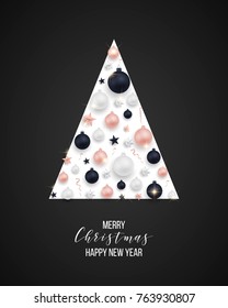 Merry Christmas and happy new year decorative tree with balls, stars, confetti, sparkles. Design layout for card, poster, flyer, tag, logo, ad, menu, invite. Seasonal festive winter design.EPS10