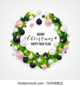 Merry Christmas and happy new year decorative wreath with branch, balls, stars, confetti, sparkles. Design layout for card, poster, flyer, tag, logo, ad, menu, invite. Seasonal festive winter design