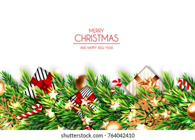 Merry Christmas and Happy New Year Card with gift box wreath of fir tree. Holiday Party Invitation vector template