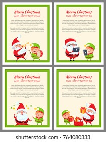 Merry Christmas and happy New Year, set of banners with Santa Claus and elf activities, text sample and letterings, frames vector illustration