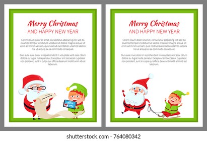 Merry Christmas happy New Year bright poster with Santa Claus and Elf on sledge, vector illustration with fairy tale characters in green square frame