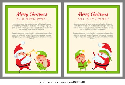 Merry Christmas and happy New Year, set of posters with headlines and text sample, Santa Claus and Elf with music instruments vector illustration