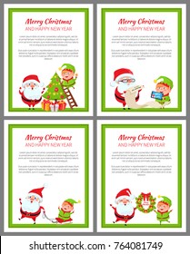 Merry Christmas and happy New Year, poster with helper of Santa Claus decorating tree with balls, helping with list of gifts vector illustration
