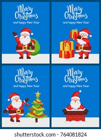 Merry Christmas happy New Year Santa Claus banners with decorated spruce and presents. Vector illustration with Santa ready to climb down through chimney