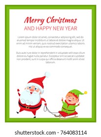 Merry Christmas and Happy New year posters with Santa and elf vector with place for text. Father Christmas and little helper riding on sleigh in winter