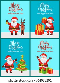 Merry Christmas happy New Year congratulations set of posters with Santa Claus with presents and reindeer. Vector illustration with fairy tale characters