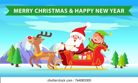 Merry Christmas and happy New Year, reindeer and sled full of presents, Santa Claus and elf sitting on it, mountains and tree vector illustration