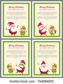 Merry Christmas and happy New Year banners set with Santa Claus and elf, trumpet and drum, icons of trees and stars isolated on vector illustration
