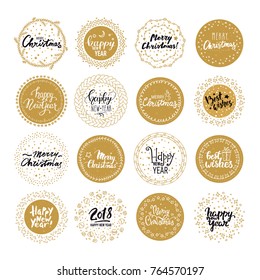 Merry Christmas, Happy New Year 2018, Best wishes round stickers. Vector set of Christmas & New Year holiday handwritten lettering label, emblem, text design. Pattern brushes are included in EPS file.