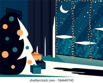 Merry Christmas and Happy New Year holiday. Holiday Winter background. cozy room and Christmas tree. window and snow. Christmas eve. Christmas greeting card. city Background with Winter Landscape