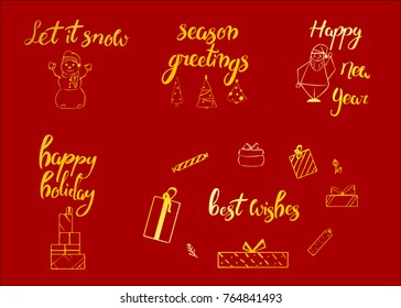 Merry Christmas. Happy New Year, 2018 greeting card. Typography xmas set with hand drawn text and design decoration elements. Vector logo, lettering, emblems for banners, greeting cards, gifts. Gold.