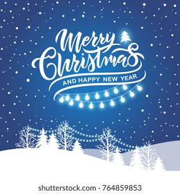 Merry Christmas and Happy New Year  typography vector design for greeting cards and poster. Merry Christmas and lettering. Christmas  with winter landscape with snowflakes. Vector illustration.