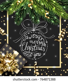 Merry Christmas and Happy New Year greeting card with with Christmas branches, with Christmas gift, with decorations on dark background Vector template.
