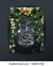 Merry Christmas and Happy New Year greeting card with with Christmas branches, with gold bow, with decorations on dark background Vector illustration.