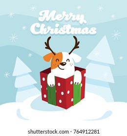 Merry Christmas and Happy New Year card with happy dog in the gift box. Vector illustration