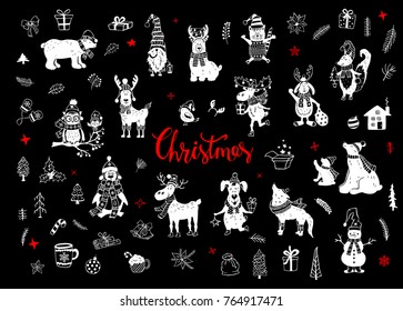 merry christmas and happy new year cute funny hand drawn doodles animals silhouettes collection with polar bears penguin deer reindeer rabbit cat dog, fox wolf, owl bird in winter santa hats scarfs