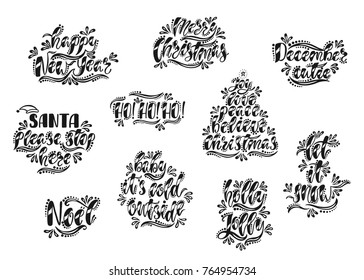 Merry Christmas and Happy New Year typography design. Hand drawn calligraphy text.   Vector illustration EPS10 isolated on white background.