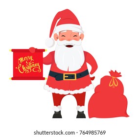 Merry Christmas and a Happy New Year greeting card with smiling Santa standing near bag with presents and holding red placard with greetings. Vector illustration on white background.
