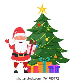 Merry Christmas and a Happy New Year greeting card with smiling Santa standing near Christmas tree with presents under it. Funny cartoon character. Vector illustration on white background.