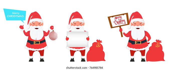 Merry Christmas and a Happy New Year greeting card. Set of smiling Santa Claus, three poses. Funny cartoon character. Vector illustration on white background.