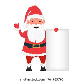 Merry Christmas and a Happy New Year greeting card with smiling Santa standing near blank placard. Funny cartoon character. Vector illustration on white background.