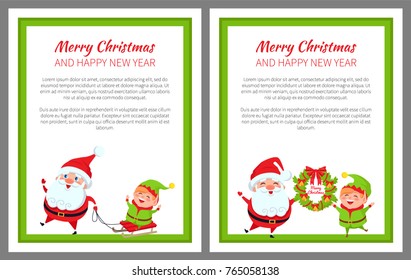 Merry Christmas and happy New Year, Elf sitting on sled pulled by Santa Claus, winter characters standing with wreath with bells vector illustration