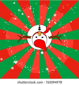 Merry Christmas and Happy New Year; snowman and circle flow of snowflakes on red and green background - Top view. Vector illustration, EPS10. Concept of miracle, celebration, etc.