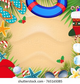 Merry christmas and happy new year frame on a warm climate design background. Summer vacation accessories and palm leaves with santa hat, on sand background. Christmas beach frame with space for text