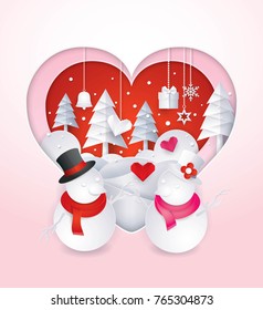 Merry Christmas and Happy New Year, Two Cute Snowman in love with Christmas tree, Gift boxes, bell, snowflake in Red Heart Frame, Paper art vector and illustration
