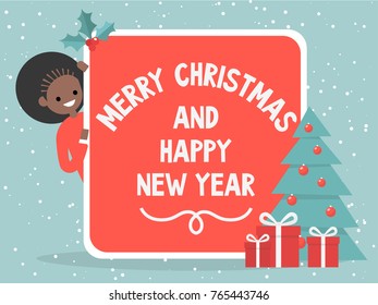 Merry christmas and happy new year. Vintage postcard. Xmas decoration. Young character peeking out from behind the red card. Banner. Tree and gift boxes. Holly berries. Flat vector, clip art
