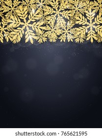 Merry Christmas and Happy New Year greeting card with gold glittering snowflakes frame on dark background. Winter seasonal holiday background