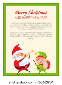 Merry Christmas happy New Year Santa Claus and elf set of two poster on white background. Vector illustration with Santa and his friend in green frame
