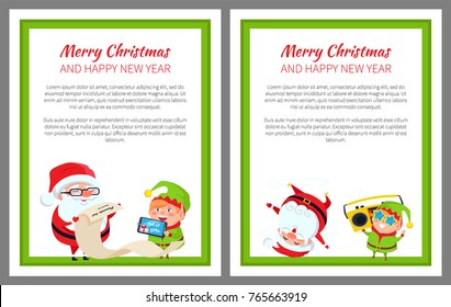 Merry Christmas and happy New Year, elf helping Santa Claus with list of gifts for children