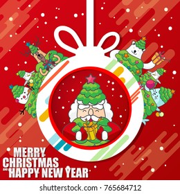 Merry Christmas and Happy new year collection character of Santa Claus cartoon has many friends such as bear, reindeer, snow man, penguin and seals.