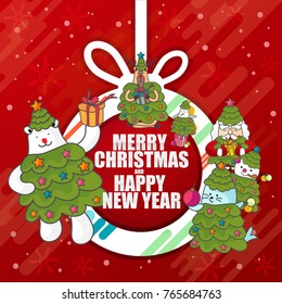 Merry Christmas and Happy new year collection character of Santa Claus cartoon has many friends such as bear, reindeer, snow man, penguin and seals.