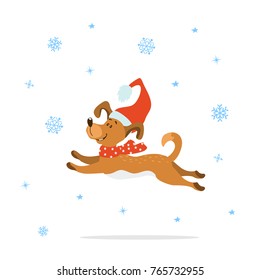 merry christmas happy new year cute funny cartoon dog in xmas hat and scarf running jumping, isolated vector illustration