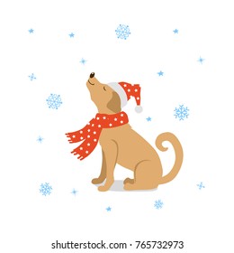 merry christmas happy new year cute  cartoon dog in santa hat and winter scarf