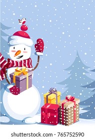 Merry Christmas and Happy New Year vector background with cute snowman and winter landscape. Winter cartoon illustration. 