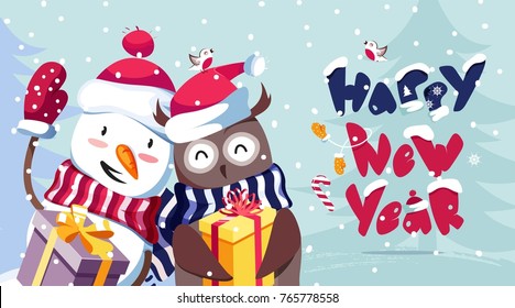 Merry Christmas and Happy New Year vector background with cute snowman, owl and typographic design. Winter cartoon illustration