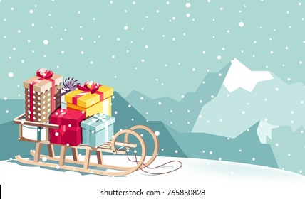 Merry Christmas and Happy New Year vector background with sled, gifts and mountains. Winter cartoon illustration