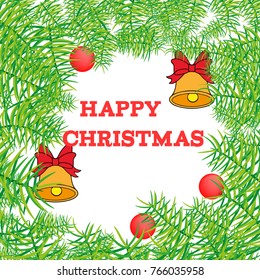 Merry Christmas, Happy New Year greeting card, poster template of pine and fir tree branches border frame. Best wishes congratulation black night background with text calligraphy lettering