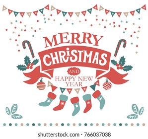 Merry Christmas and Happy New year lettering composition on a red ribbon. Hand-drawn illustration with a festive new year's decorations, stockings, sweets, garlands, confetti, decorations

