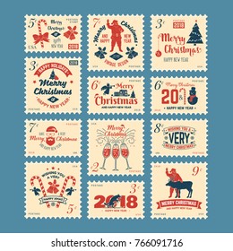 Merry Christmas and Happy New Year 2018 retro postage stamp with Santa Claus, Christmas tree, gifts and reindeer. Vector illustration.